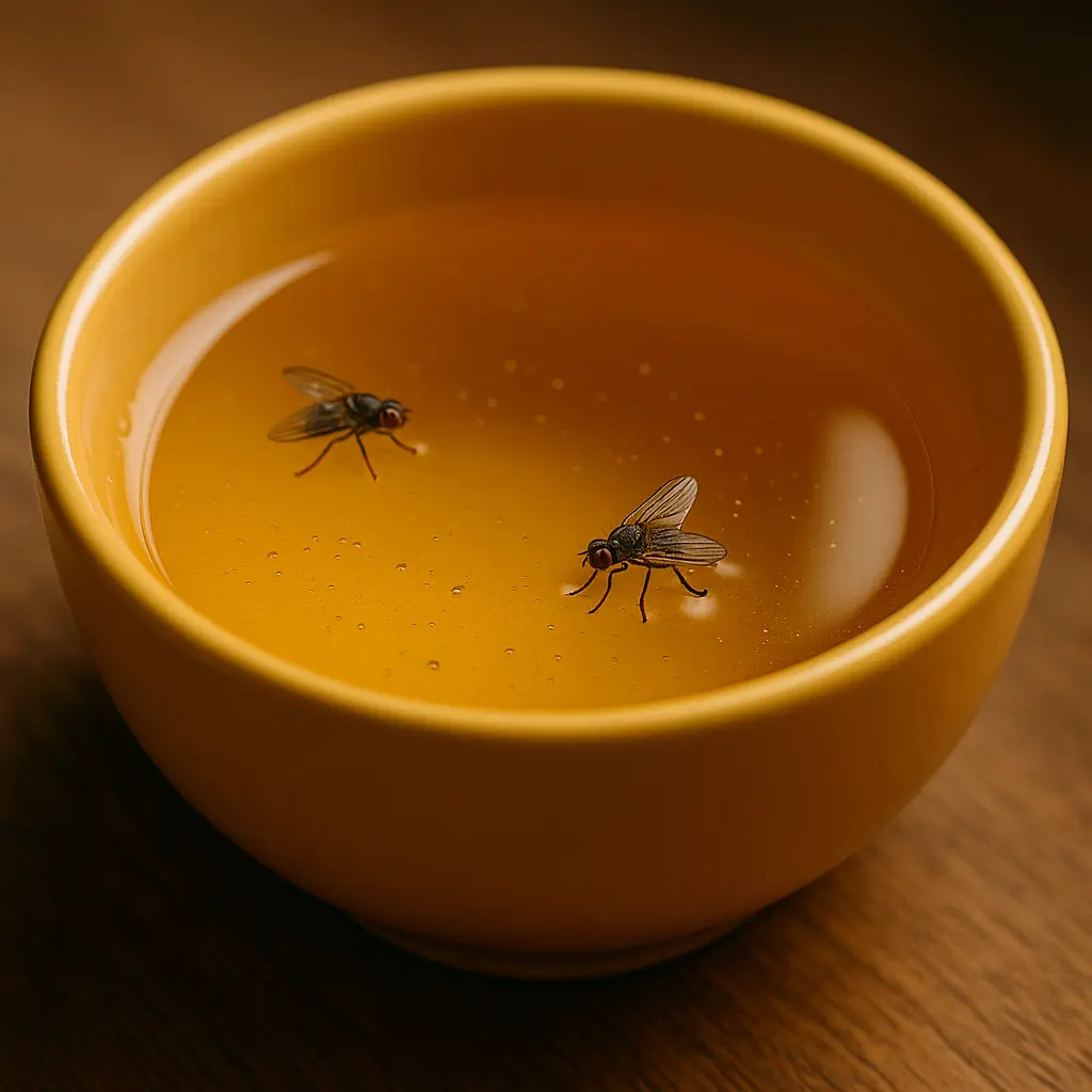 Elegant yellow ceramic, amber oil surface, flies in crisp focus