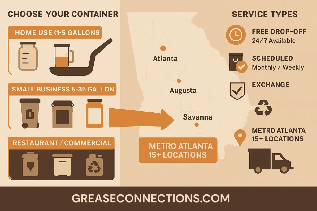 A visual guide to cooking oil recycling services available in Georgia, including containers.