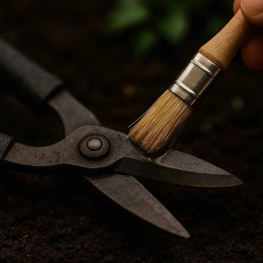 Macro brush stroke, golden sheen on steel, soil backdrop