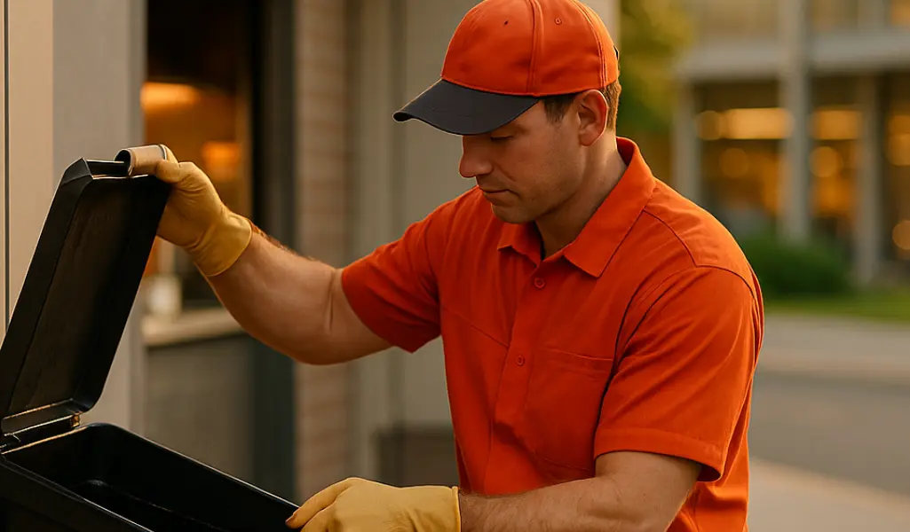 Technician collecting used cooking oil behind Garden State Plaza restaurant