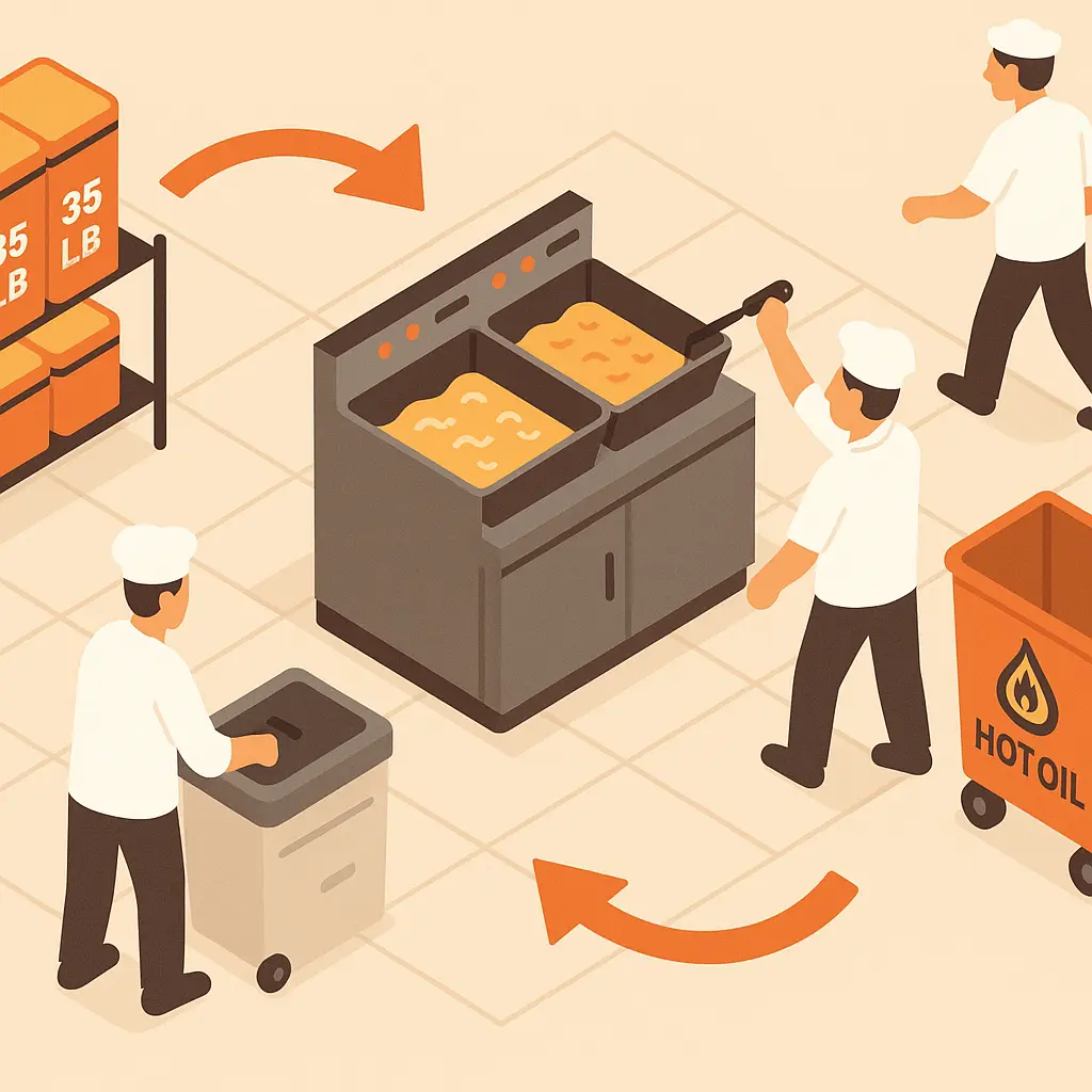 An overview of commercial cooking oil management solutions in a bustling kitchen environment.