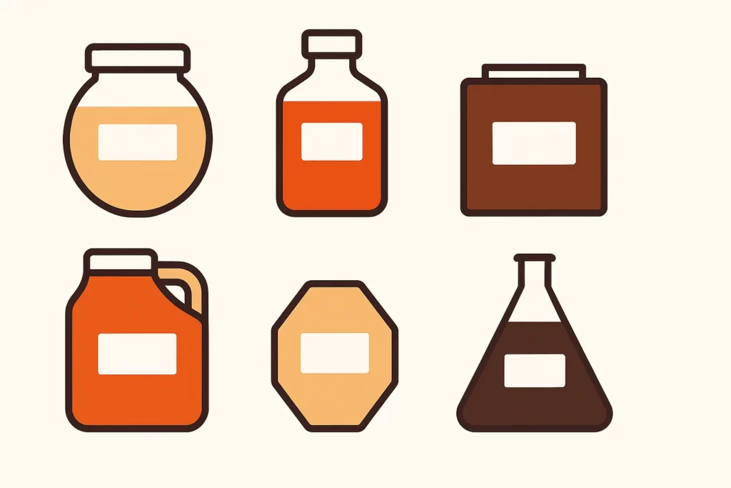 An assortment of used cooking oils in various containers.