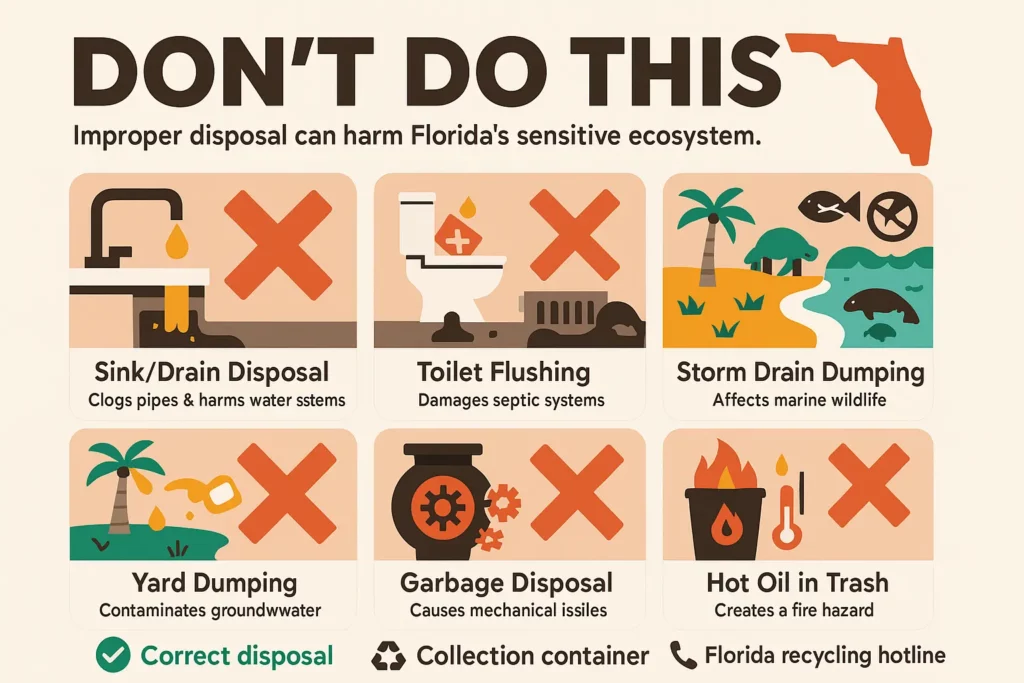 Visual guide on common mistakes to avoid when disposing of cooking oil in Florida.