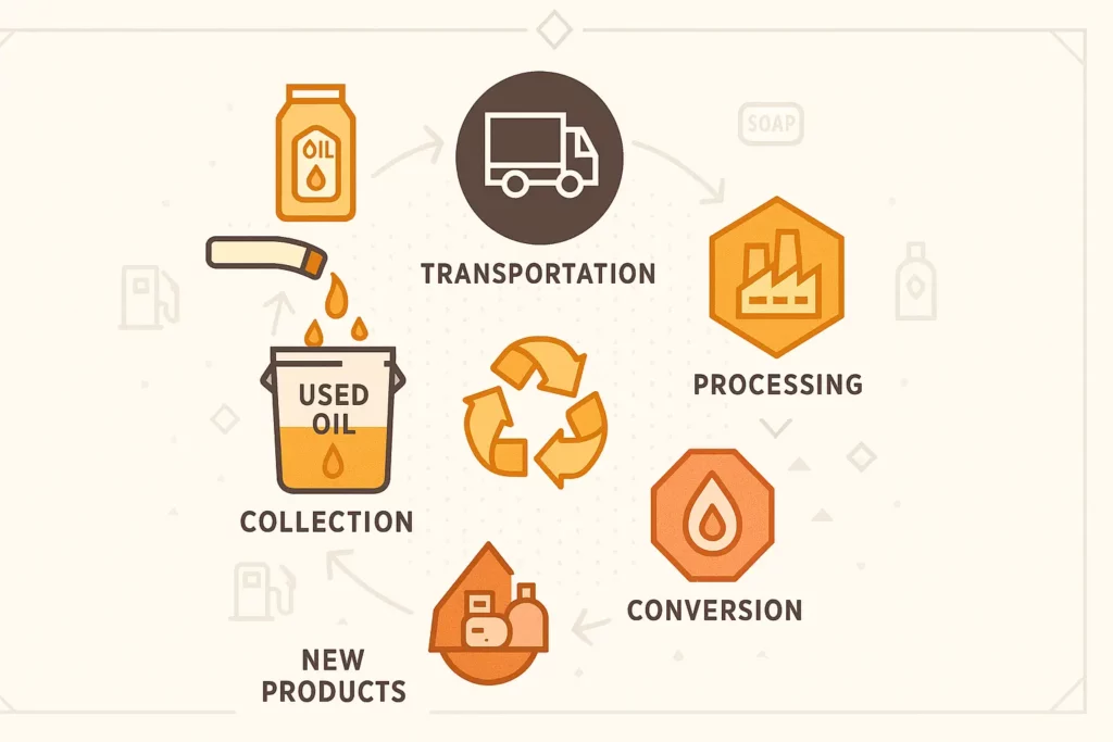 An illustration showing the recycling process of used olive oil.