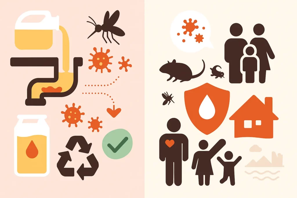 An illustration showing the importance of proper disposal of cooking oil for public health.