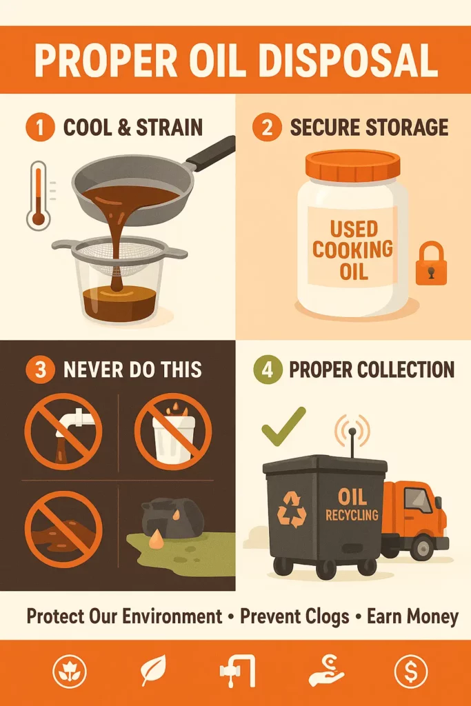 Image showcasing proper disposal methods for used cooking oil.