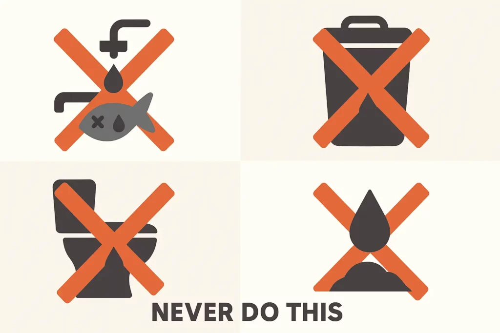 Common mistakes to avoid when disposing of cooking oil, with a focus on improper methods.