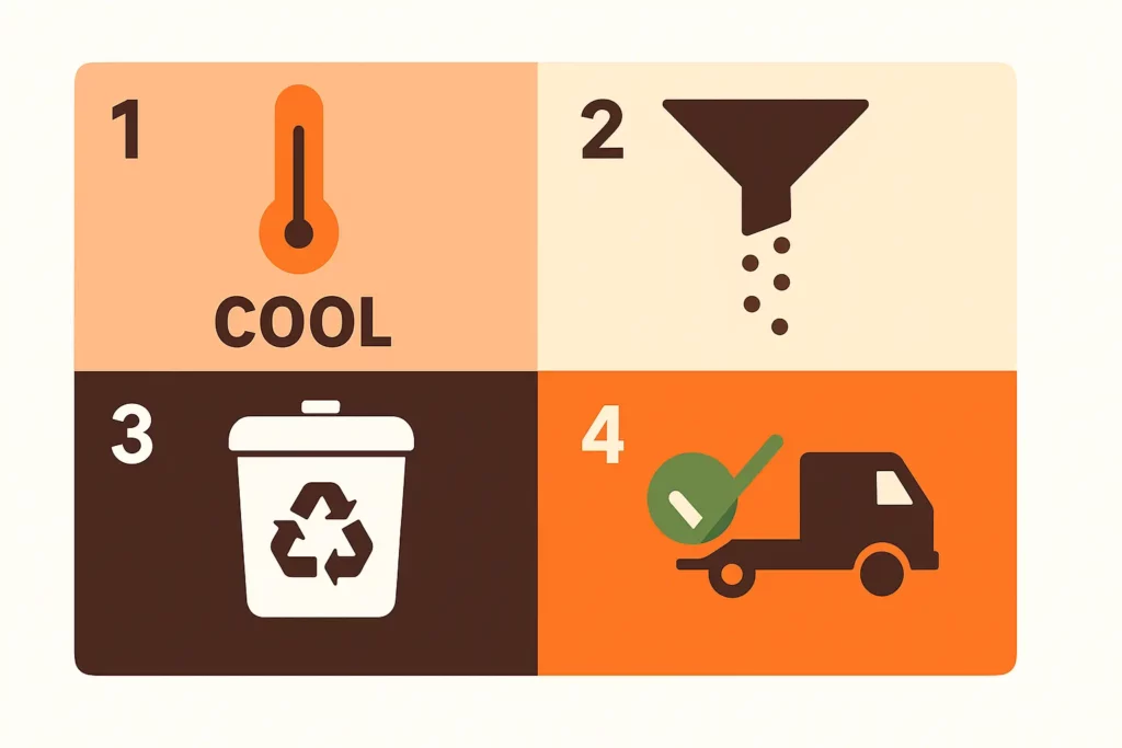 An informative image demonstrating proper disposal methods for cooking oil in a kitchen setting.