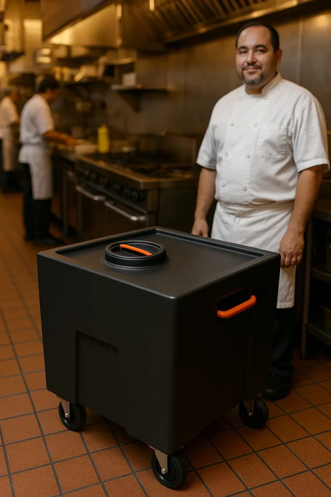 95-gallon lockable oil cart in narrow Hackensack kitchen
