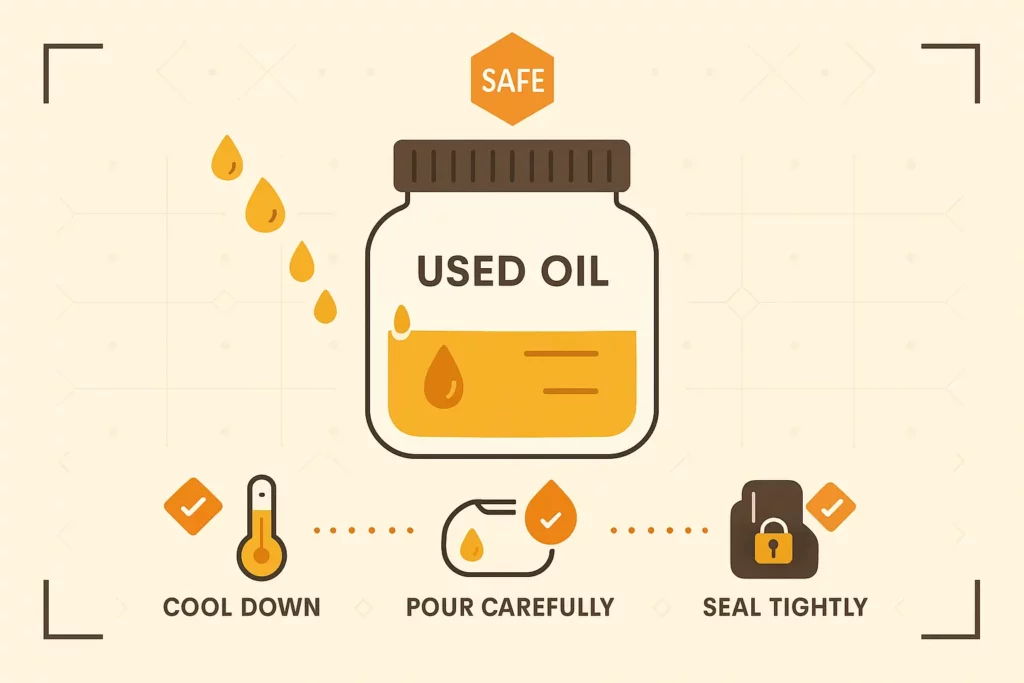 A container filled with used olive oil, demonstrating safe disposal methods for cooking oil.