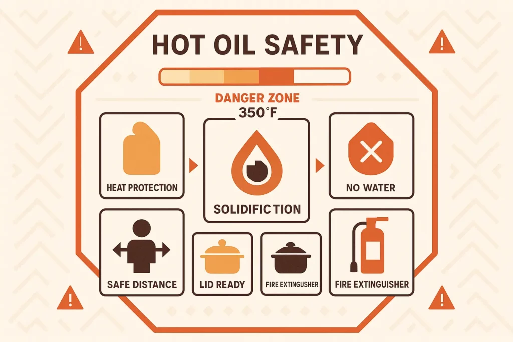 Safety tips for handling hot oil in a kitchen setting.