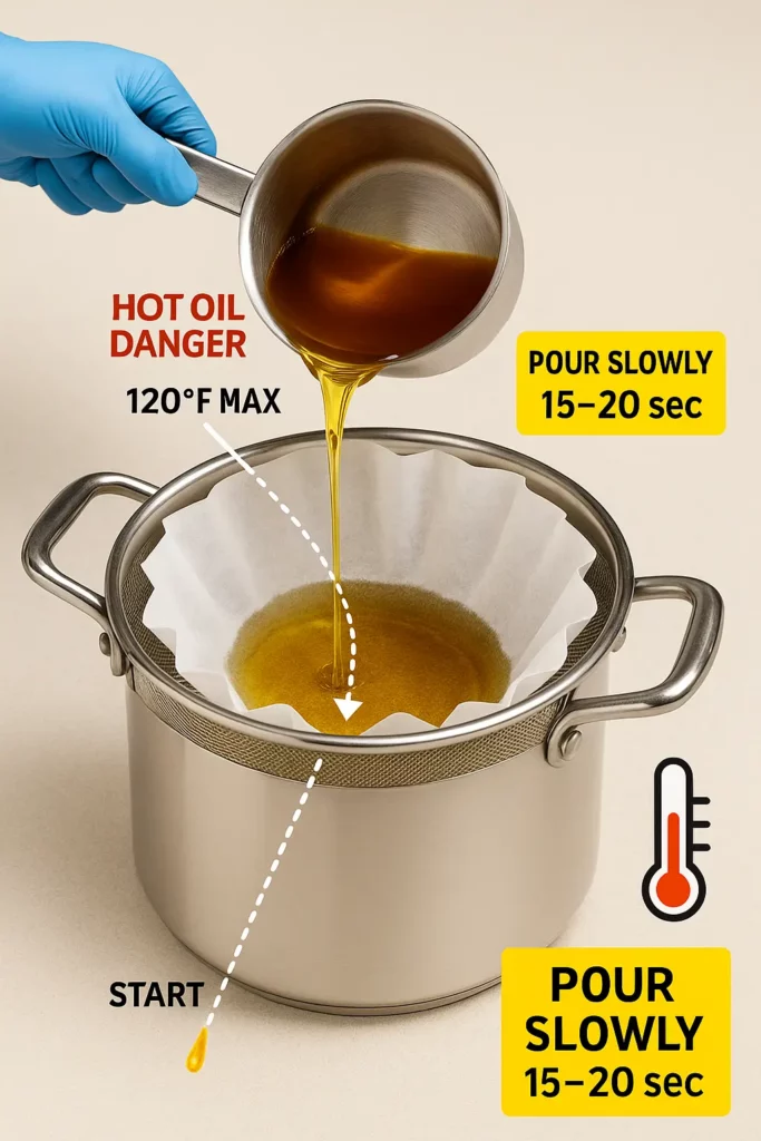 straining technique image and text outlining the right methods, 120f max, pour slowly for 15 - 20 sec