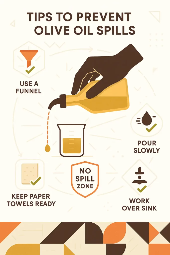 A person carefully pouring olive oil to avoid spills, showing tips to prevent messes.