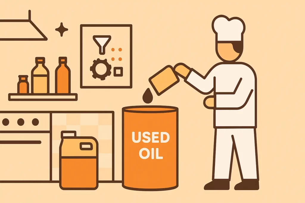A commercial kitchen setting with used cooking oil management solutions.