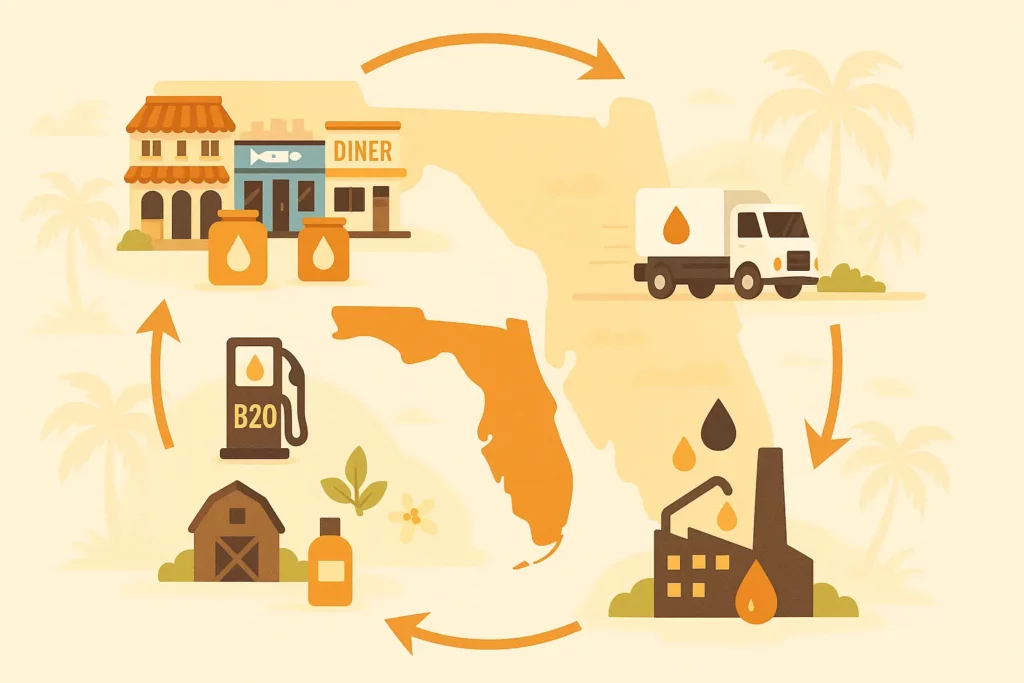 Visual representation of recycling used cooking oil in Florida.