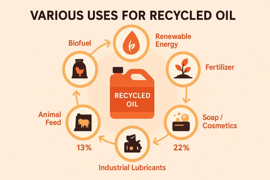 Various uses for recycled cooking oil, including biofuel and animal feed.