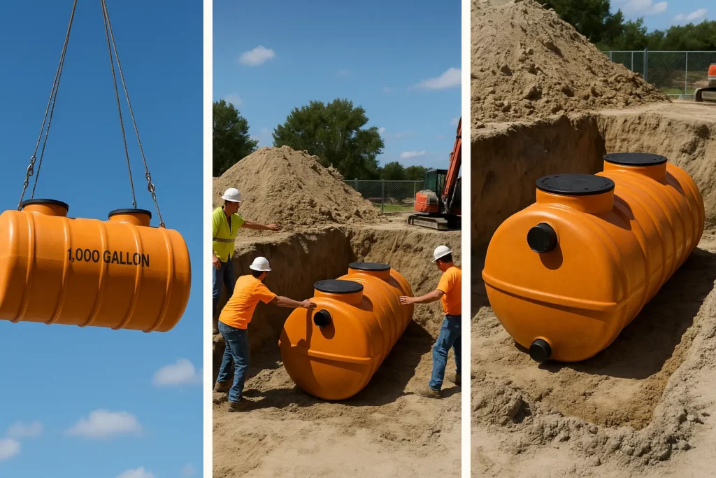 Photo sequence of a fiberglass 1,000 gallon interceptor being lowered by crane into a sandy trench.