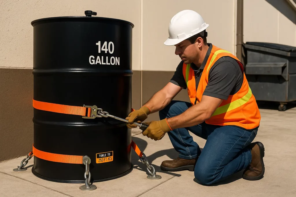 technician tightening turnbuckles over a 140 gal tank, "Anchoring straps on outdoor oil tank."