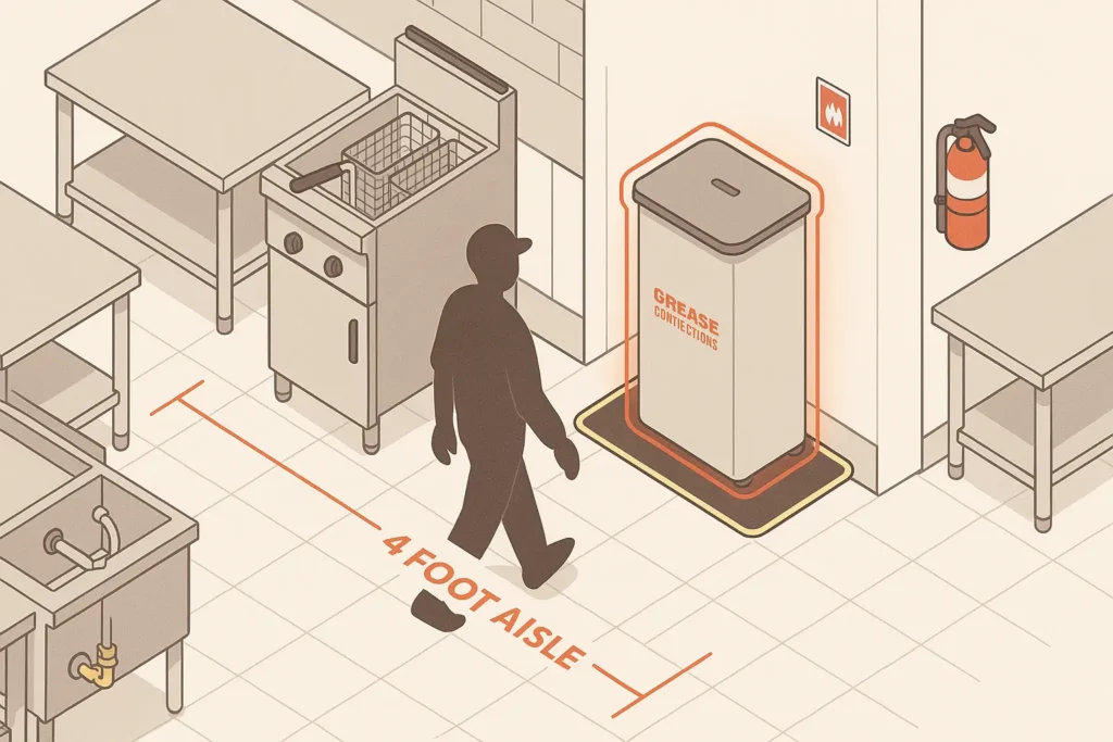 Flat design overhead of a narrow kitchen line with a 35 gallon slim bin neatly tucked against a sealed wall