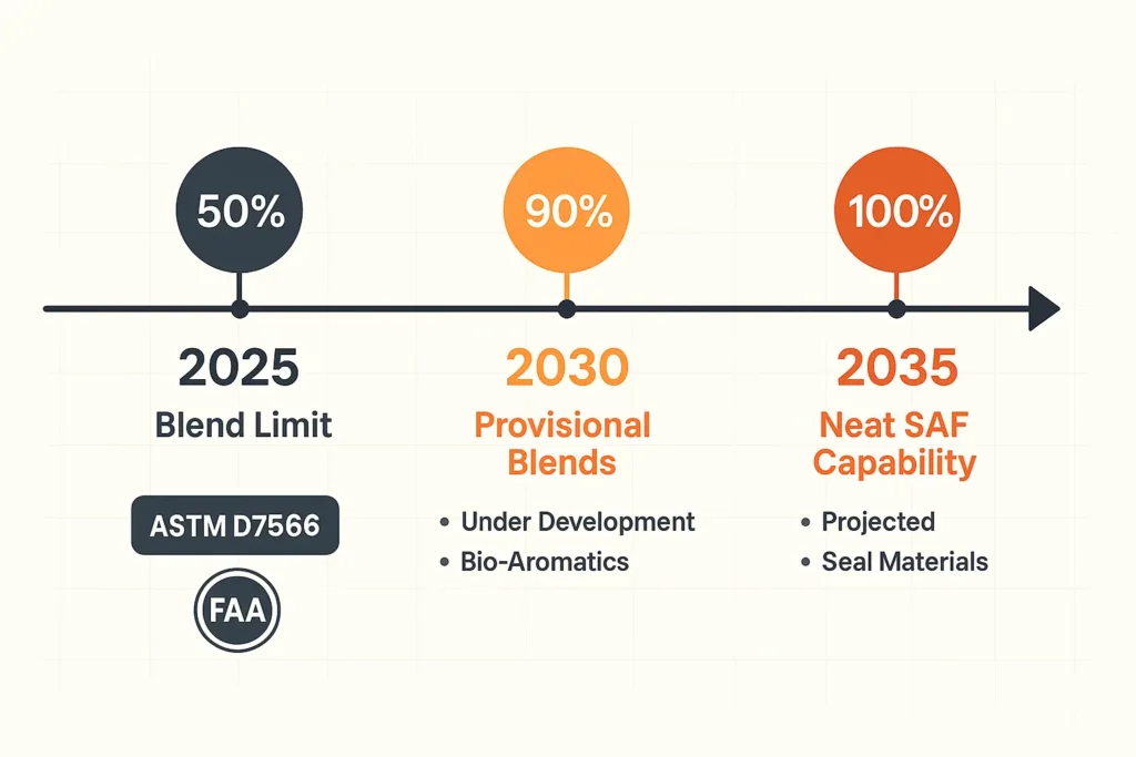 Flat timeline infographic mapping today's 50 % cap to projected 90 % and 100 % milestones, 2025 2035.