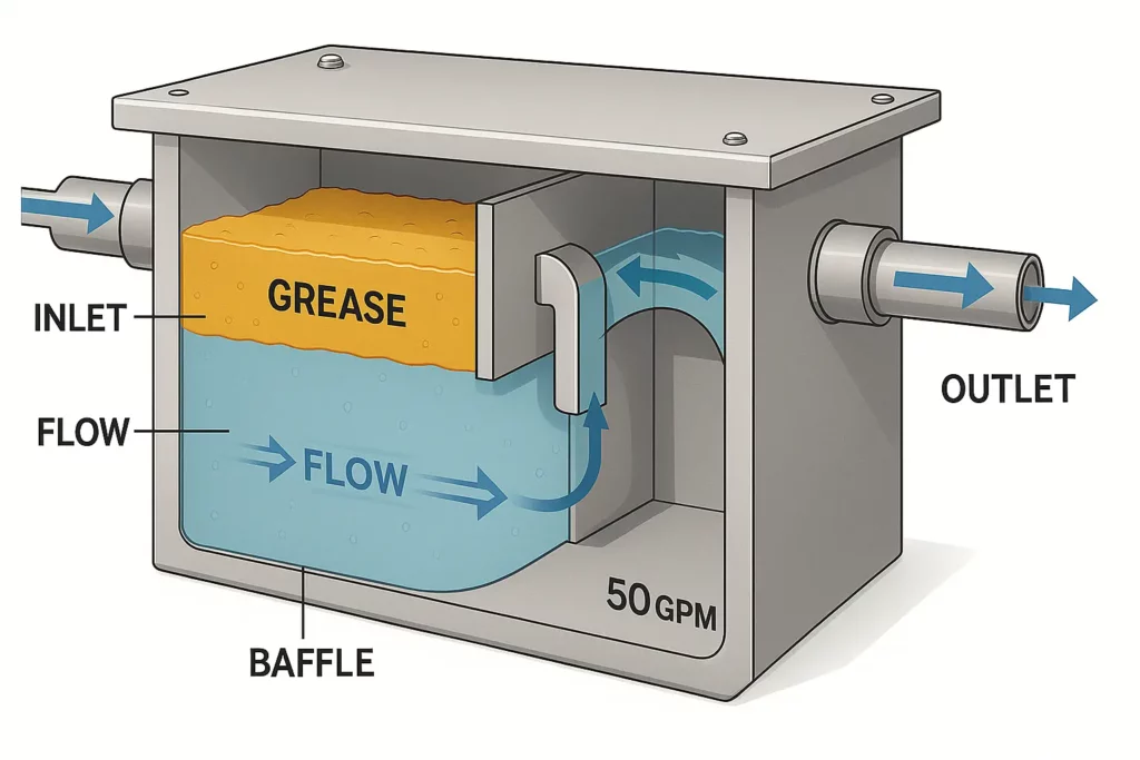 Cut away rendering of a stainless hydromechanical trap showing internal baffles.