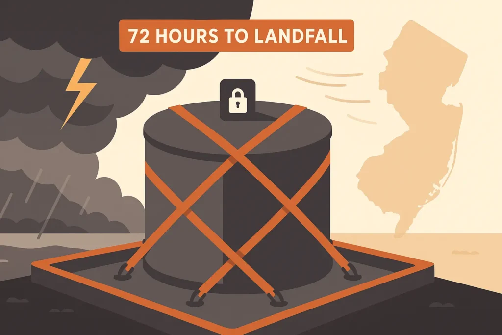 flat design illustration of a grease tank strapped to a concrete pad with storm clouds and a NJ map outline