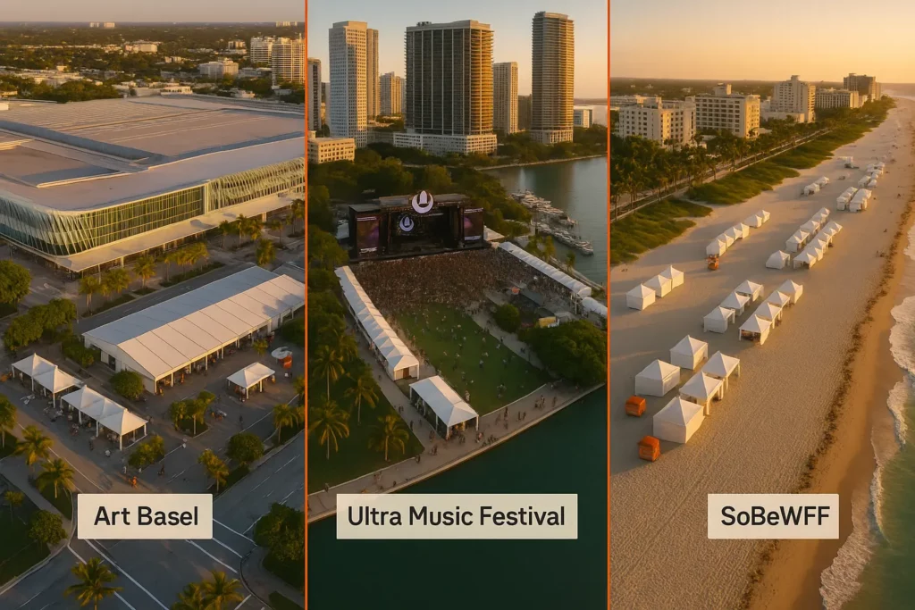 aerial collage of three festival grounds highlighting food courts