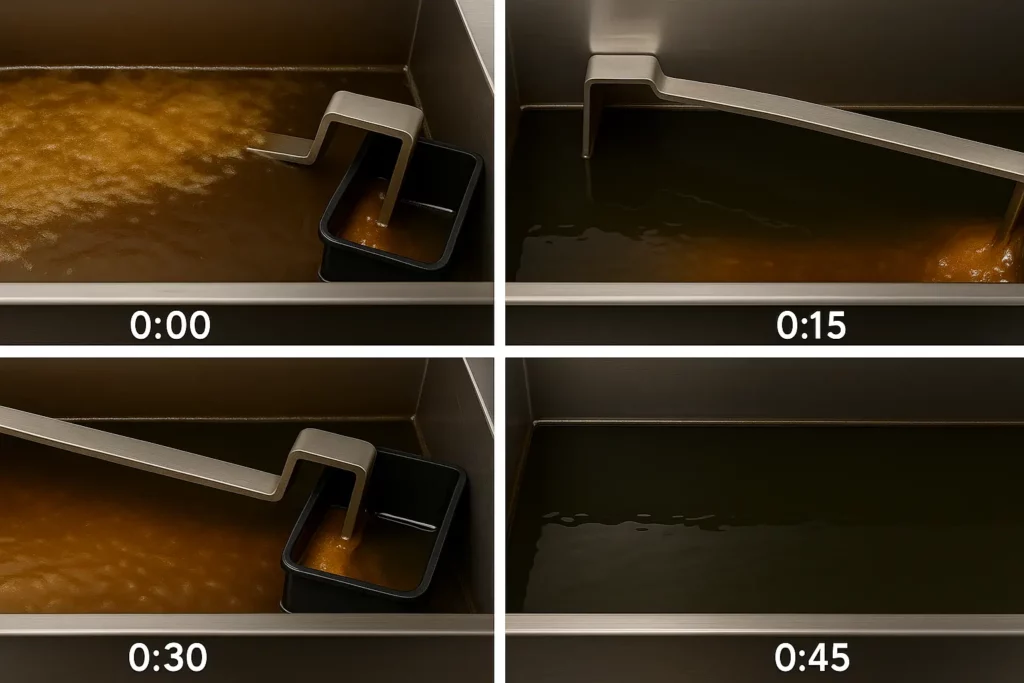 Time lapse stills of an AGRD automatically skimming grease into a tethered caddy.
