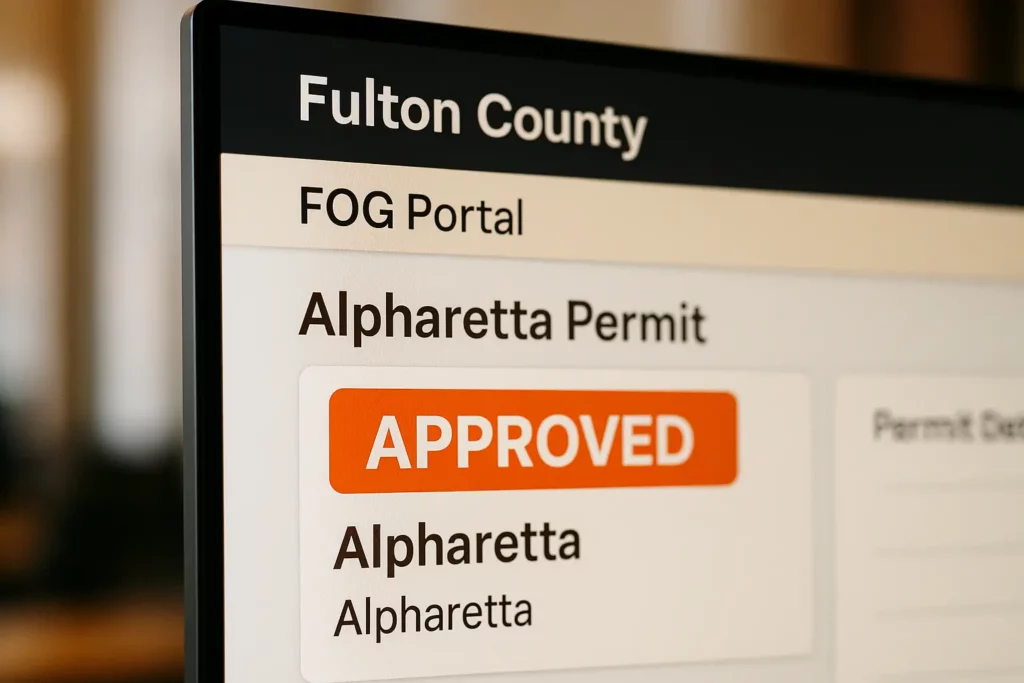 Screenshot of Fulton County FOG portal showing “Alpharetta Permit Approved.”