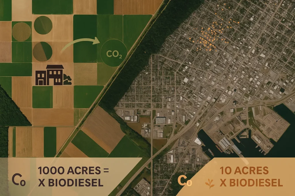 Satellite composite illustrating cropland expansion vs. urban grease capture to visualize ILUC versus waste pathways.
