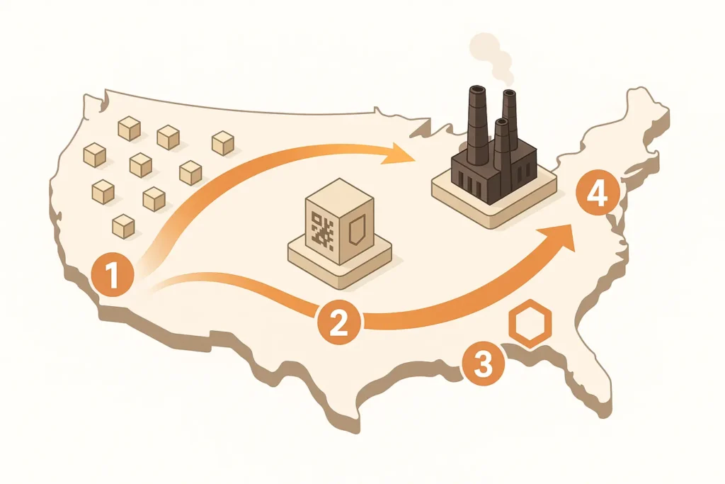 U.S. map schematic with checkpoints from restaurant to Gulf Coast refinery