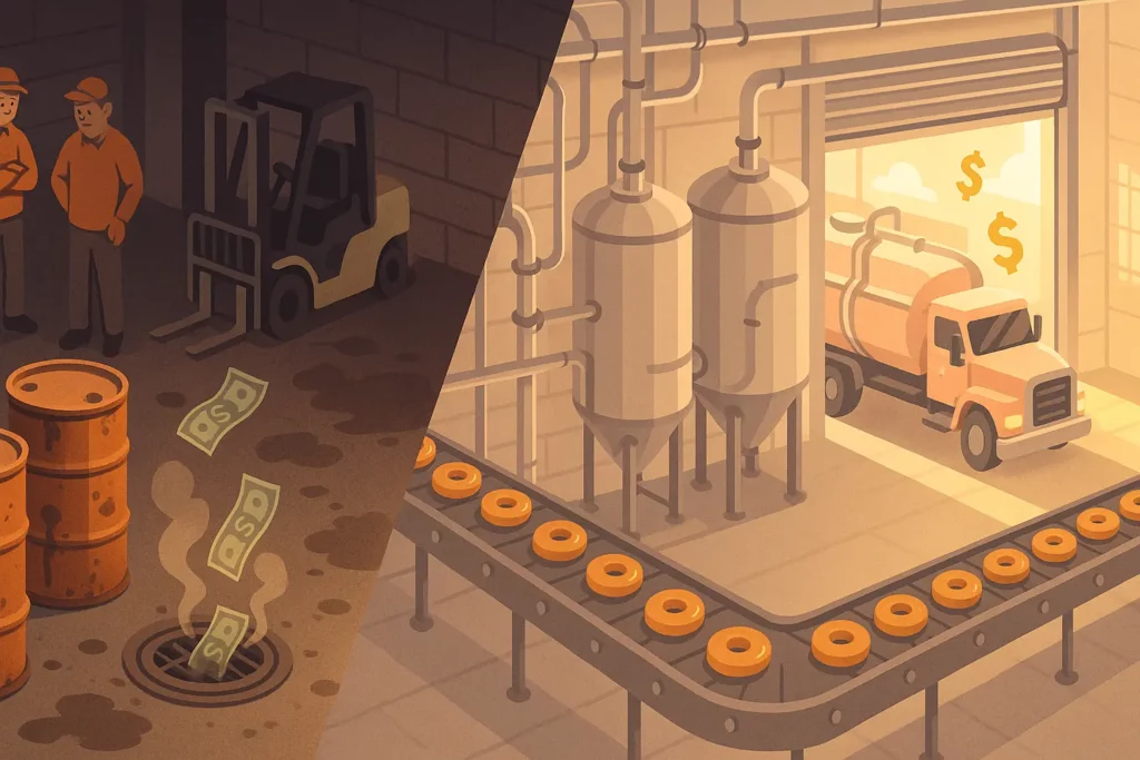 Split-screen isometric illustration divided diagonally: left side shows a dim warehouse with rusted oil barrels, dejected workers, a forklift and dollar bills spiraling into a floor drain; right side shows a bright bakery floor with donuts on a conveyor, stainless storage tanks, and a peach tanker truck outside a roll-up door, with money symbols floating upward.
