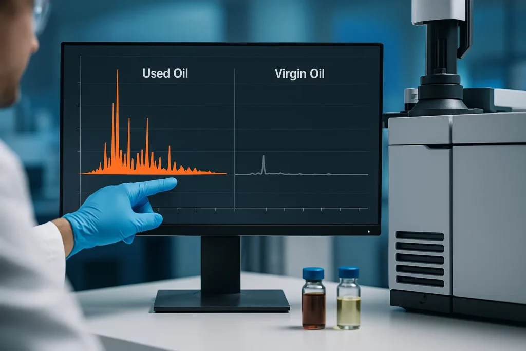 Chromatograph “fingerprint” distinguishing virgin vs used oil.