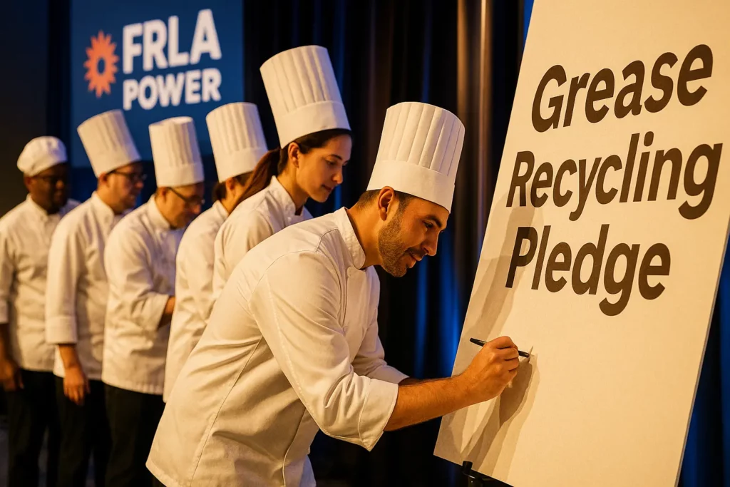 FRLA Power Path panel photo featuring chefs signing a symbolic grease recycling pledge banner.