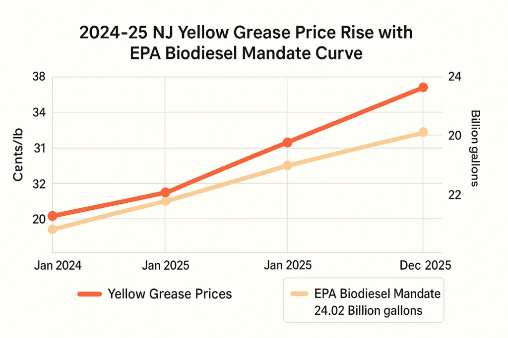 stylized line chart showing 2024 25 NJ yellow grease price rise overlaid with EPA biodiesel mandate curve