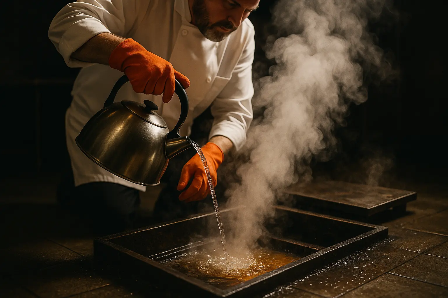 Chef in white coat pouring hot water from steel kettle into open commercial grease trap with steam rising dramatically in restaurant kitchen