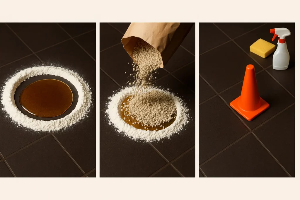 Three-panel instructional sequence showing oil spill cleanup: panel 1 shows completed flour barrier around oil spill, panel 2 displays cat litter being poured onto contained oil, panel 3 reveals clean floor with orange safety cone