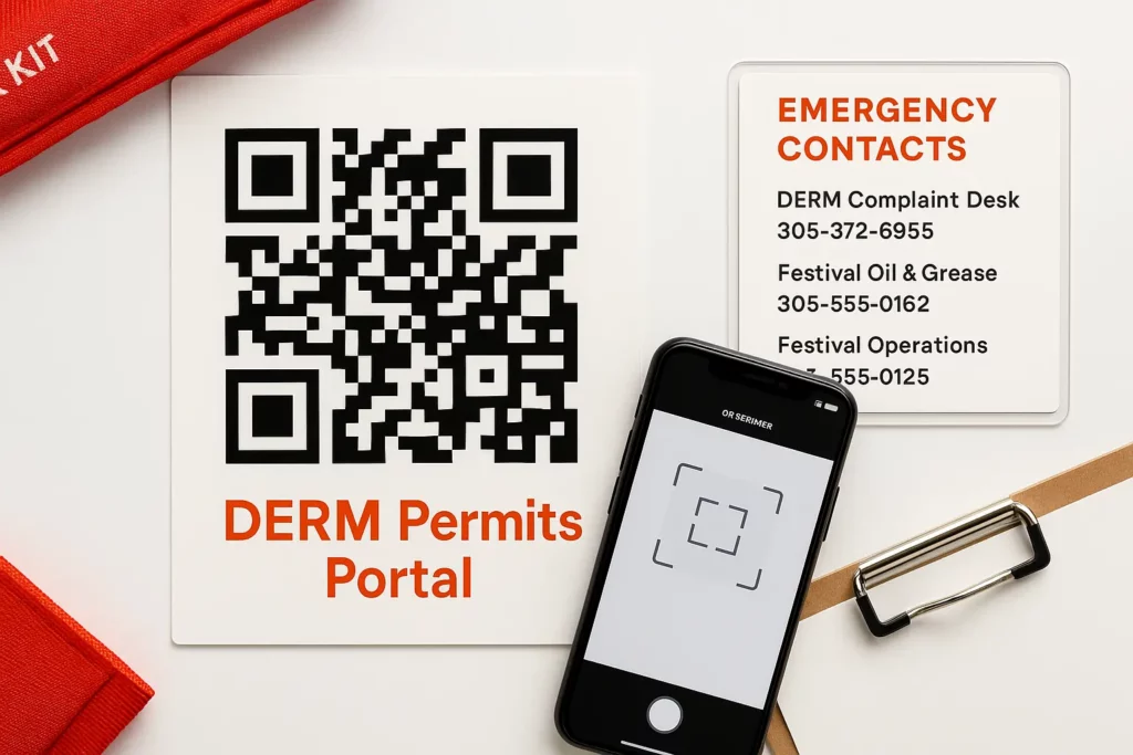 QR code linking to DERM permits page beside hotline list