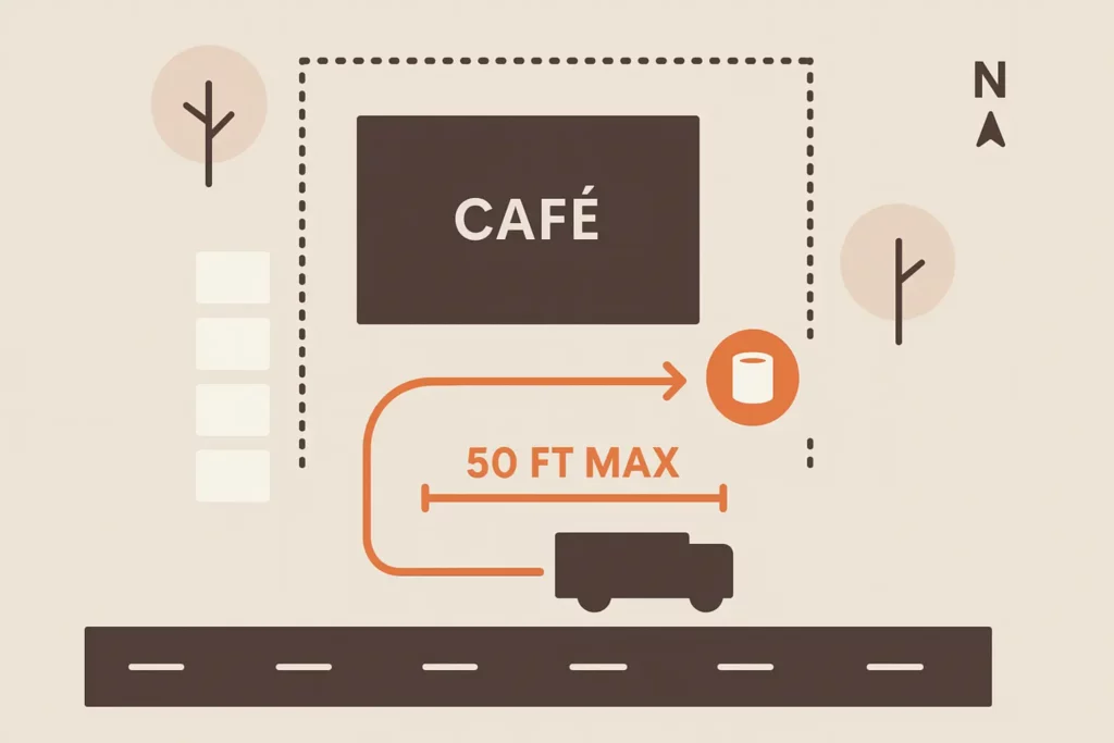 Annotated site plan showing an outdoor interceptor behind a Marietta Square café with truck access arrows.