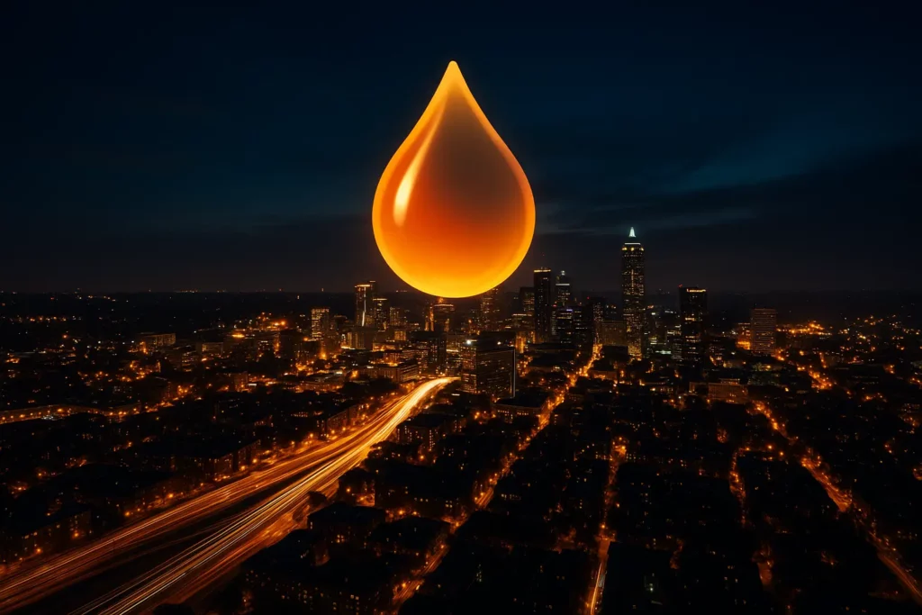 Nighttime aerial of Midtown Atlanta with glowing restaurant corridors, overlaid with a faint gold droplet icon.