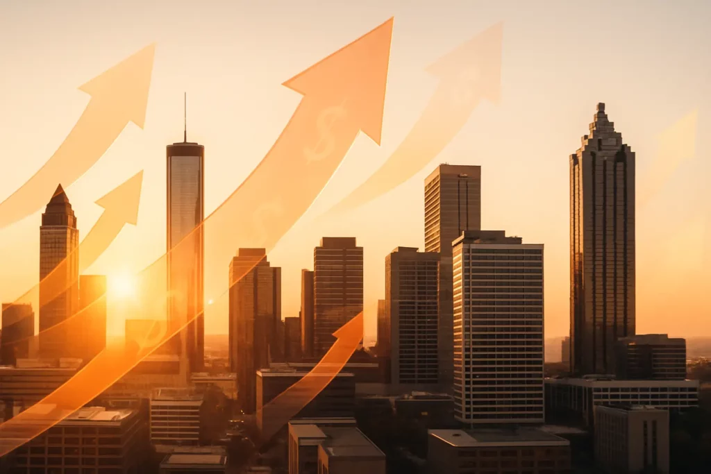 Atlanta city skyline at sunset with animated upward-flowing arrows in orange and coral colors representing financial savings from grease recycling rebates