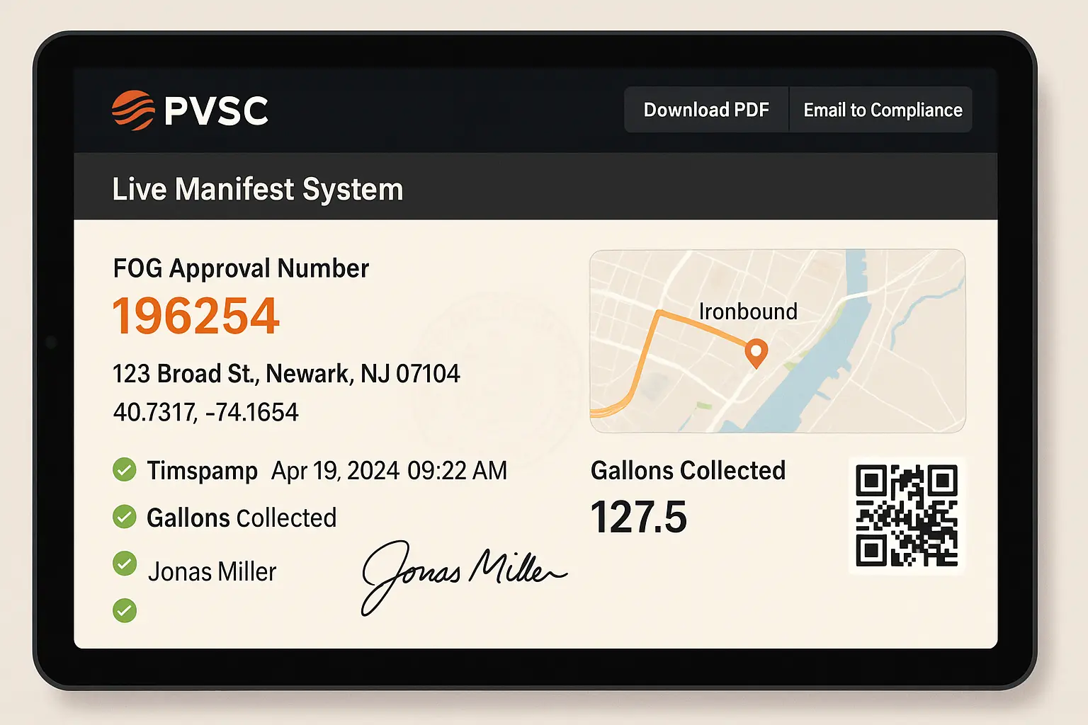 dashboard showing compliance through our systems for Grease Connections
