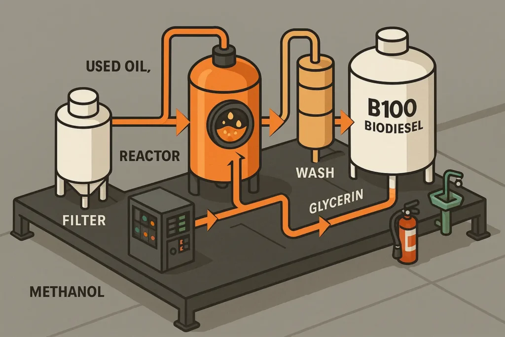 Schematic of a skid mounted biodiesel processor with labeled steps: filter, reactor, wash, storage.