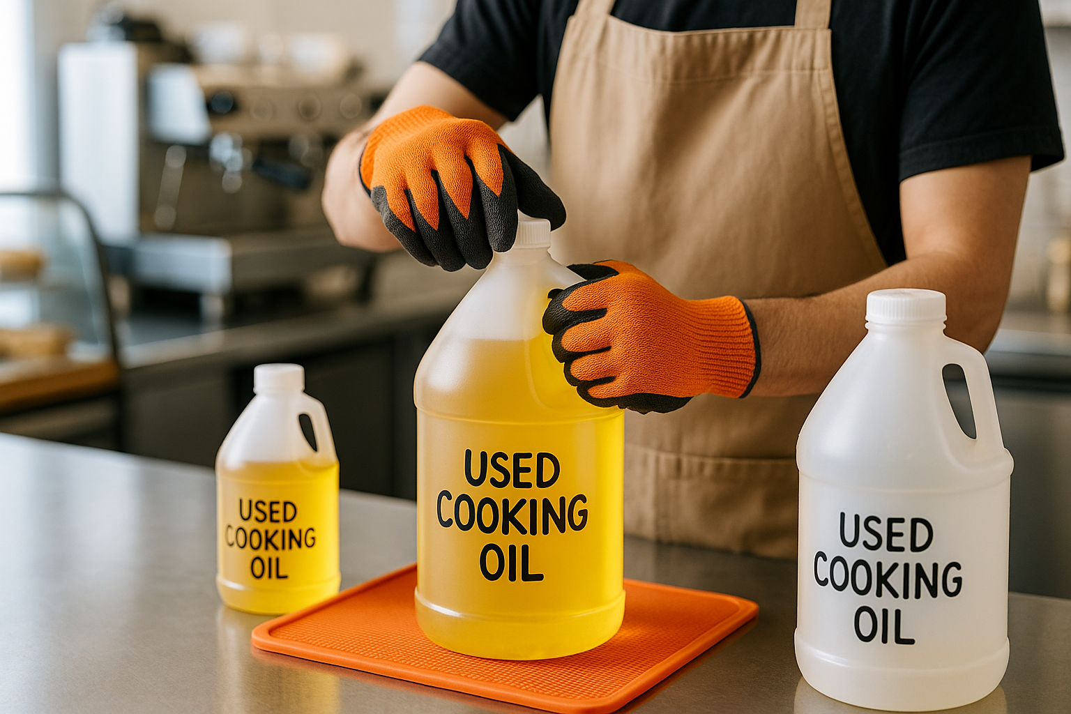 Barista sealing a one gallon jug of cooled fryer oil on a stainless counter
