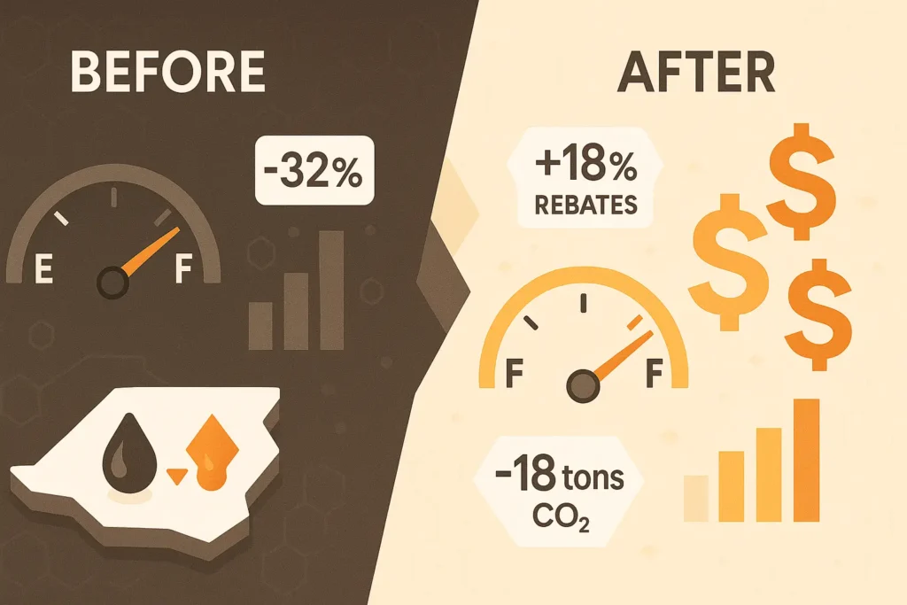 infographic showing before/after fuel gauge icons for carbon saved and dollars earned]