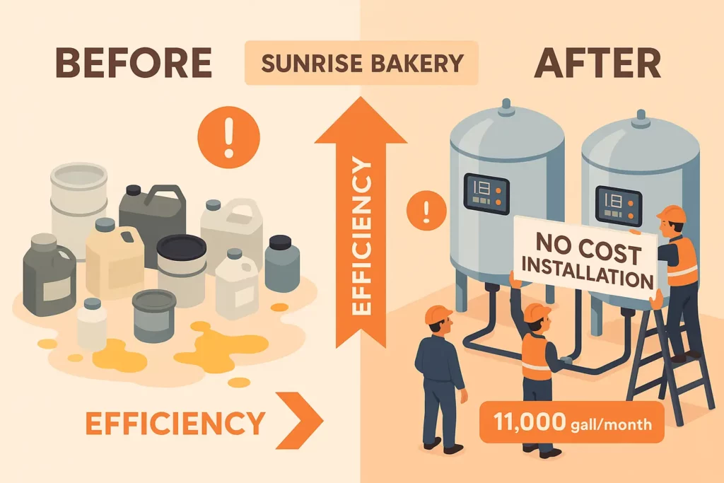 Split-screen montage of Sunrise Bakery oil management—left shows chaotic small containers and spills; right shows streamlined 5,000-gallon stainless tanks with LED monitors, crew installing “NO COST INSTALLATION” sign; peach efficiency arrows, orange safety icons, glowing “11,000 gal/month” capacity indicator.