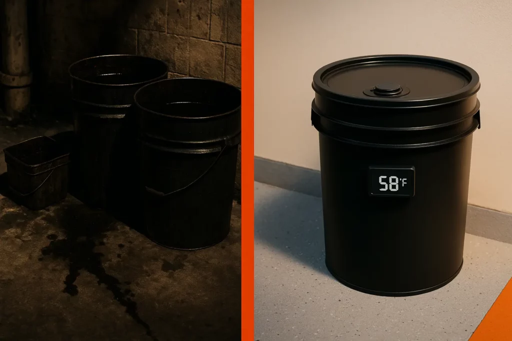 Split screen photo; left shows a cluttered grease area pre program, right shows a clean, sensor equipped container with FRLA seal.