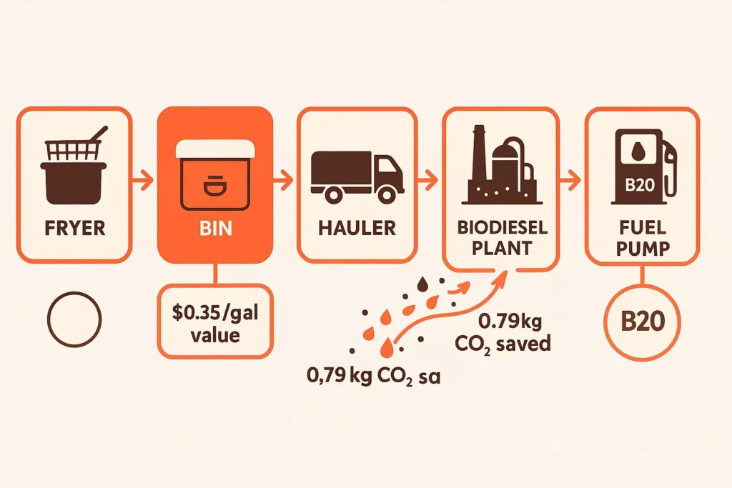 Grease value chain: fryer to bin to hauler to biodiesel plant