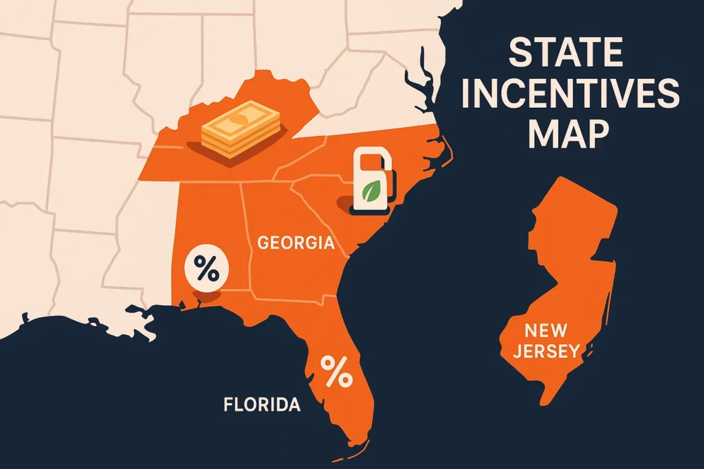 Flat design map of FL, GA and NJ highlighting incentive types with icons for tax breaks and grants.