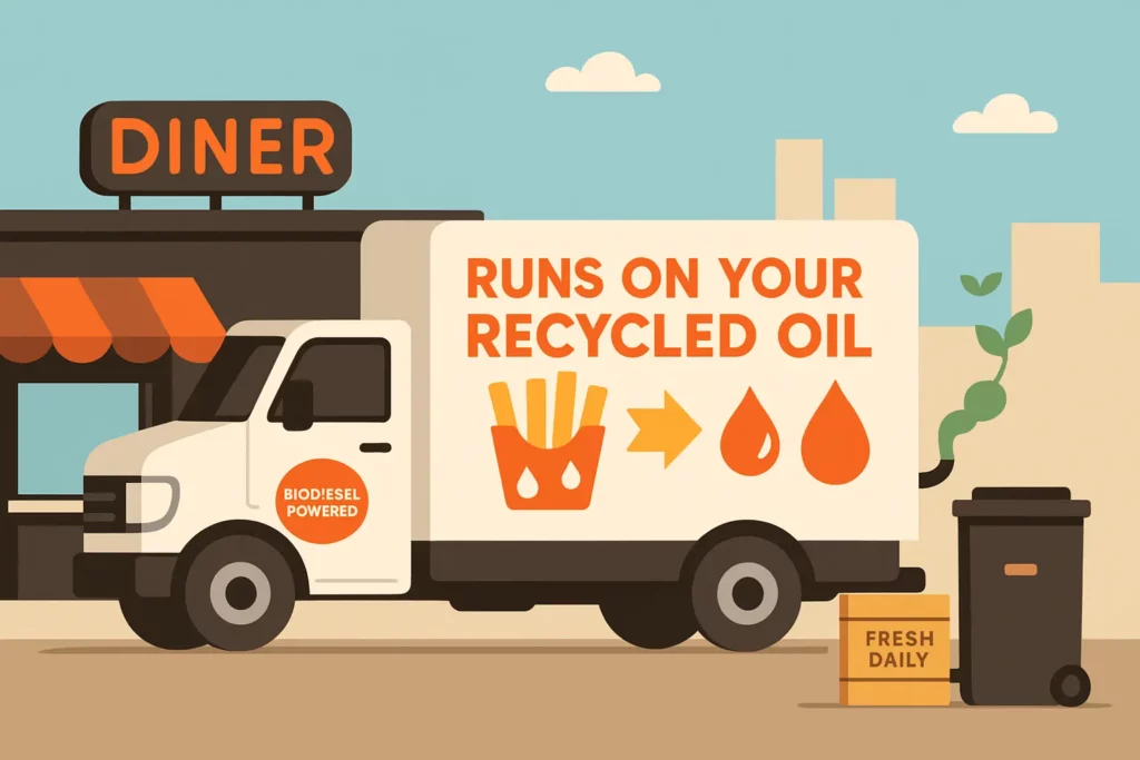 A delivery box truck wrapped with "Runs on Your Recycled Oil," parked outside an Elizabeth diner.